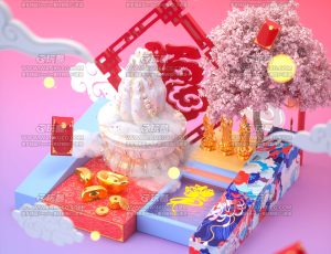 中国风卡通拜佛场景C4D工程源文件