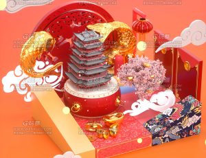 中国风卡通鼓和楼场景C4D工程源文件