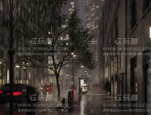 超写实夜晚城市下雨街道场景Blend工程源文件