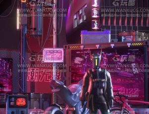 科幻机器人与霓虹灯街角场景C4D工程源文件