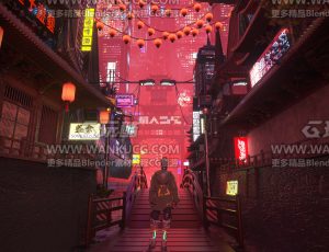 国风赛博朋克街头巷子C4D工程源文件