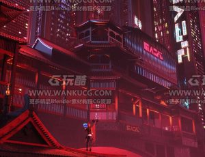 红色氛围国风赛博朋克城镇C4D工程源文件