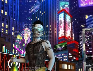 夜晚赛博城市街头一角场景C4D工程源文件