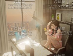 女孩室内书房场景C4D工程源文件