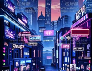 氛围感强的赛博朋克城市街道场景C4D工程源文件