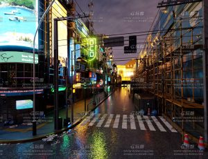 夜晚酷炫霓虹灯赛博朋克街头街道场景Blend工程源文件