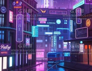 紫色氛围赛博朋克街道场景C4D工程源文件