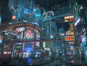 下雨天中式风格赛博朋克城市街道场景C4D工程源文件