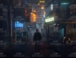 氛围感十足的夜晚赛博朋克街道场景C4D工程源文件