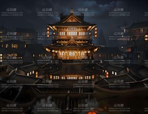 古代古寺夜晚阁楼场景C4D工程源文件
