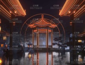 夜晚灯光氛围古代凉亭场景C4D工程源文件