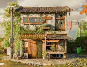 日式卡通破旧木屋场景Blend工程源文件