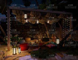 夜晚海边休闲区场景Blend工程源文件