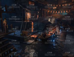 夜晚河流古街场景Blend工程源文件