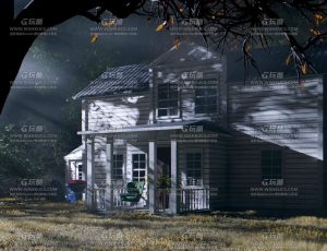 夜晚暗调恐怖氛围郊区木屋场景Blender工程源文件