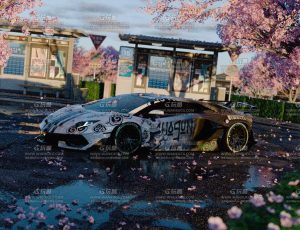 兰博基尼等车亭樱花场景Blender工程源文件