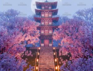 夜晚樱花日本寺庙场景Blender工程源文件