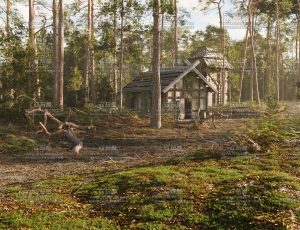 高精度松树林与木屋场景
