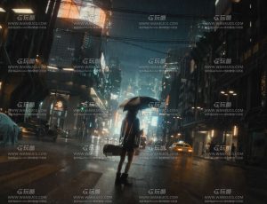 赛博朋克雨中城市街道场景