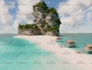 岩石海滩木屋场景