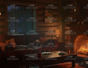 温馨温暖冬季木屋室内动画场景