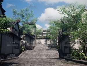 中国古代树林街道场景