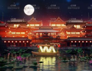 国风夜晚荷花河流场景C4D工程源文件