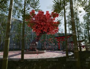 日式竹林樱花树场景