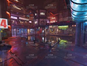 赛博朋克河流城市街道场景