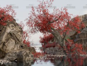 国风山水枫叶场景