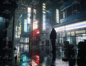 黑夜湿路赛博朋克街道