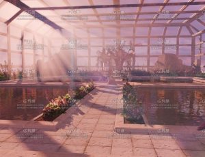 夕阳水池花园场景