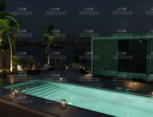 夜晚高端平层泳池别墅