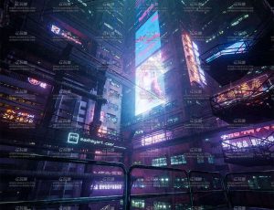 夜晚赛博朋克都市大楼下场景