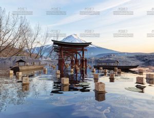 日本雪地湖畔鸟居场景