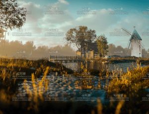 夕阳河流湖泊草坪